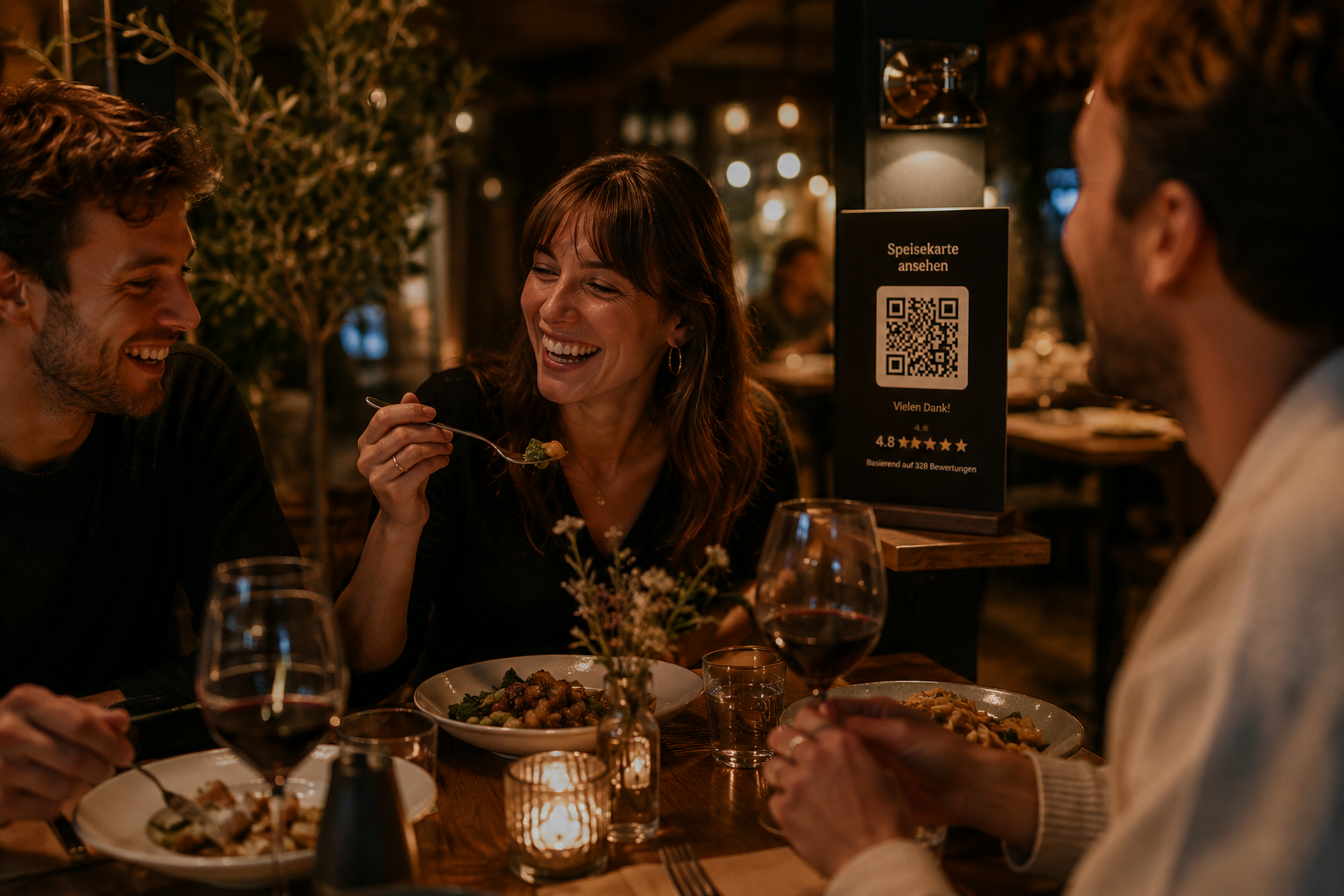 Gäste am Tisch mit Tablo QR-Aufsteller